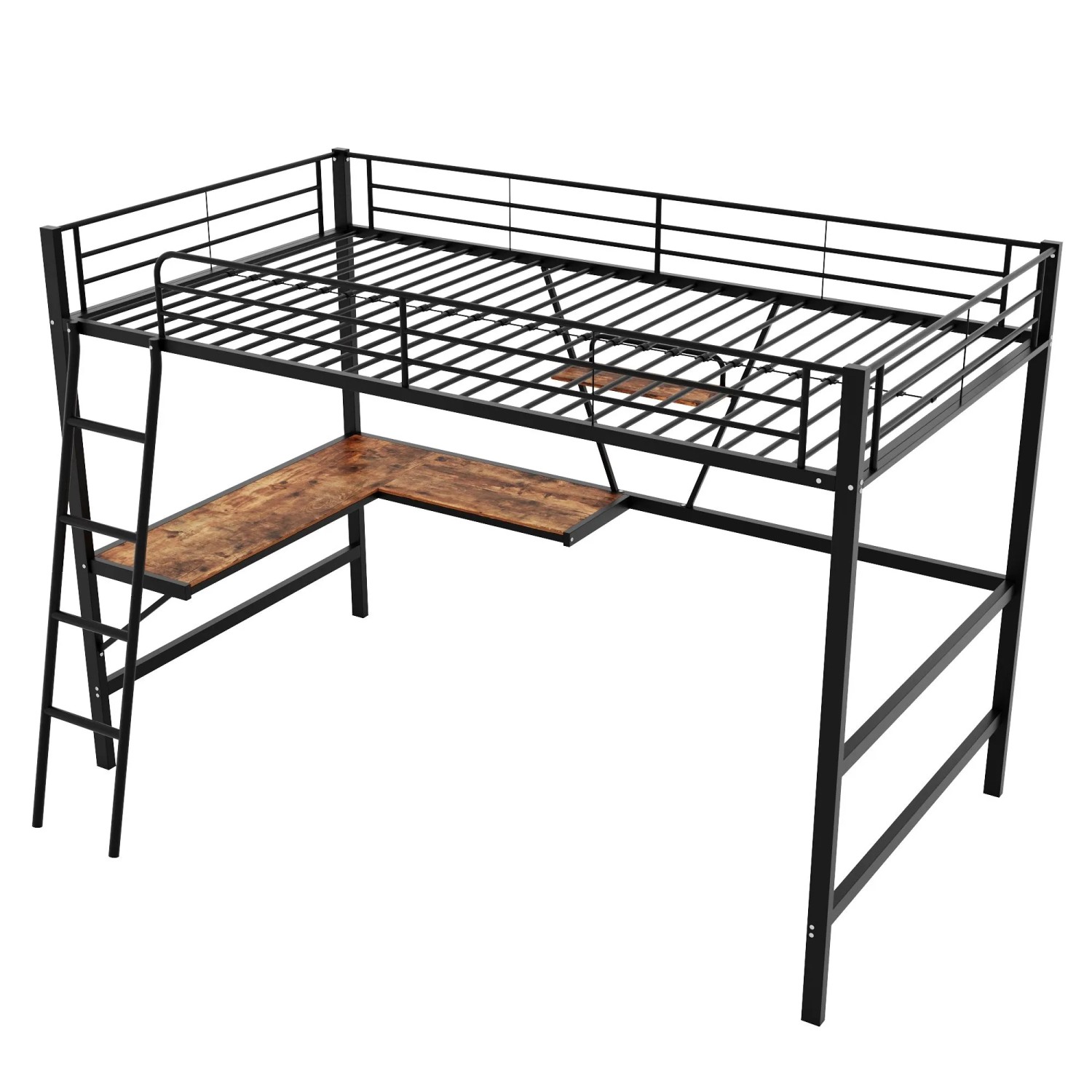 okwish Hochbett 90×200 Eisenbett mit L-förmigem Schreibtisch und einem Regal ohne Matratze