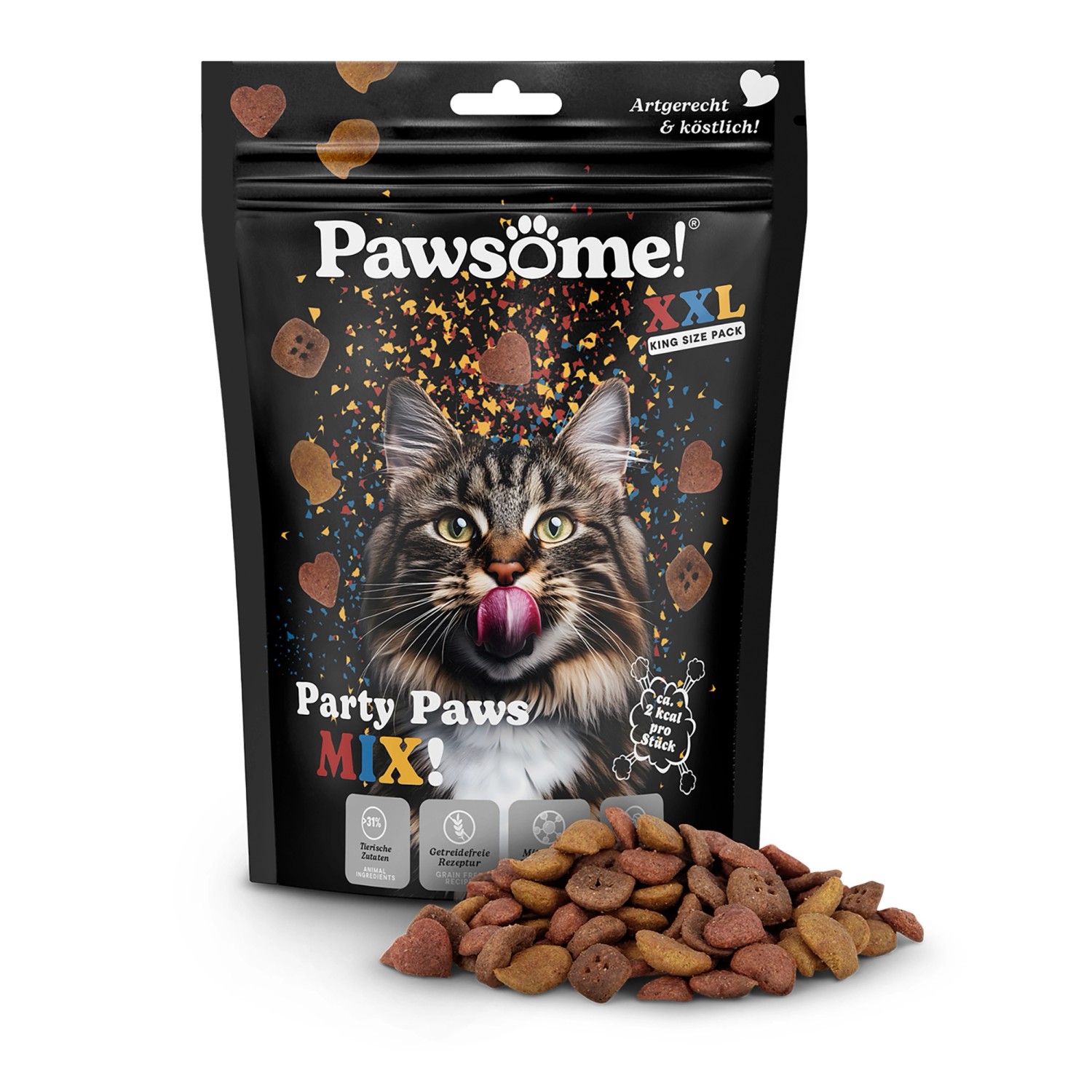 Pawsome Katzen-Ergänzungsfutter Party Paws Mix 150g, Katzenleckerli mit Geflügel, Lachs und Katzenminze.