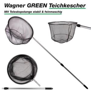 Wagner GREEN Teichkescher mit rundem, feinmaschigem Netz und ausziehbarer Aluminium-Teleskopstange, Ø 50cm.