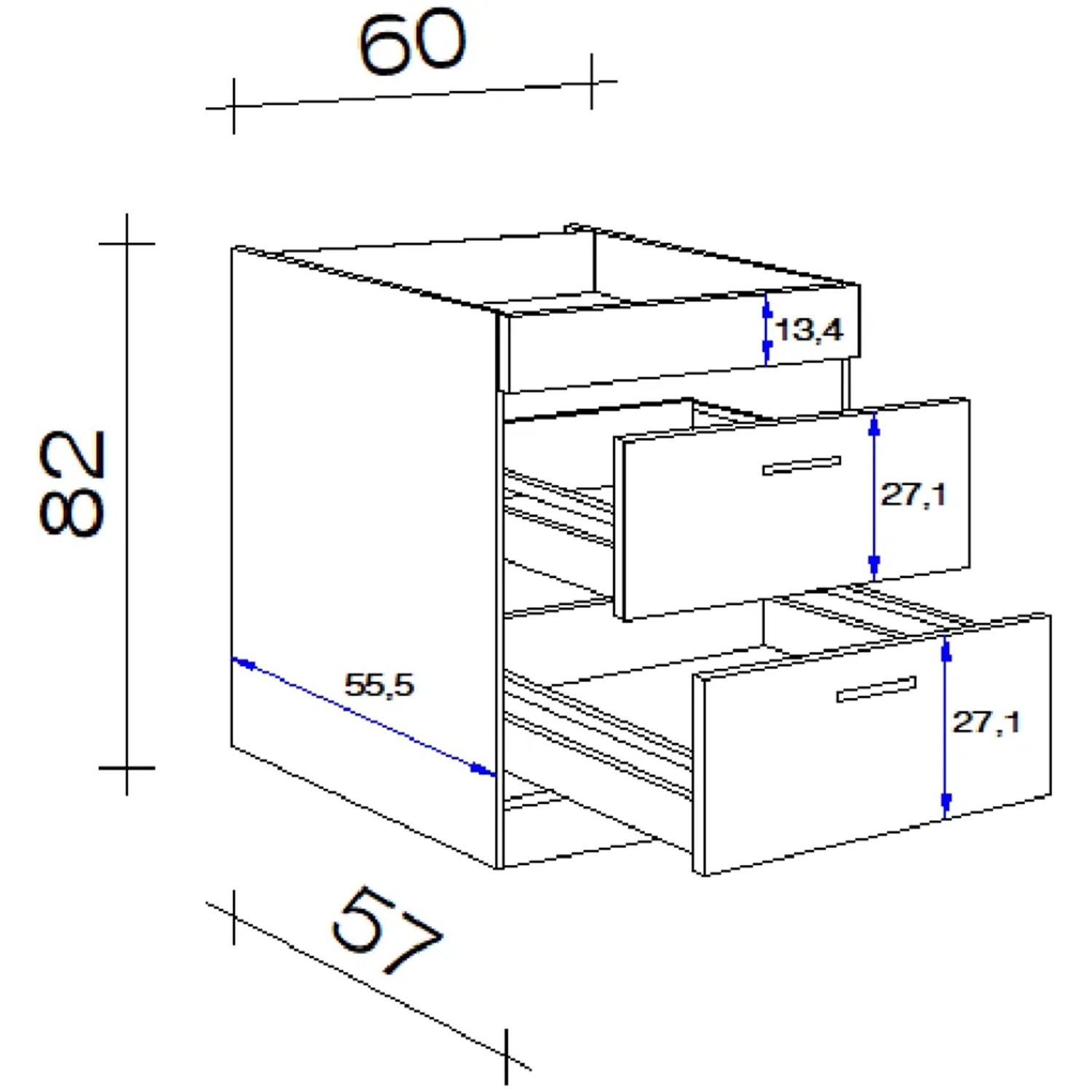 Skizze: Flex-Well Kochstellenschrank Lara, 60 cm, Anthrazit, mit Schublade und Auszügen. Maße eingezeichnet.