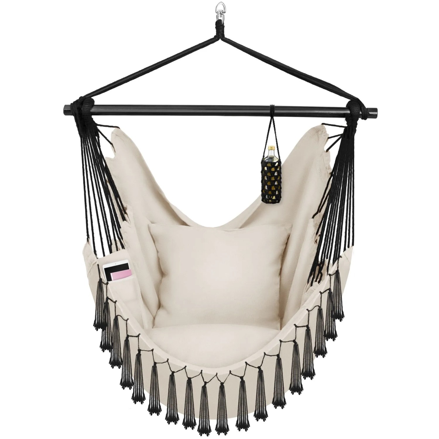 Tectake Hängesessel Malika Extra Dicke Sitz  und Rückenkissen Mit Bücherfach   Flaschenhalterung  150 x 100 x 150 cm Beige