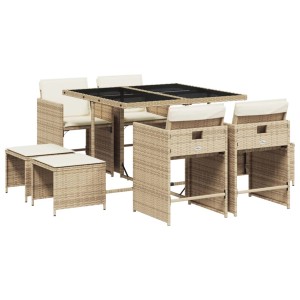 Beige 9-tlg. Rattan Garten-Essgruppe mit Tisch, Stühlen und Hockern inklusive Kissen.