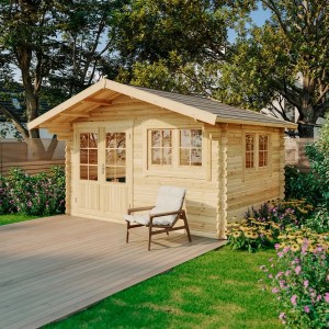 Gartenhaus Gabriel-34 aus Holz, 428x367 cm, naturbelassen mit Doppeltür und Fenster.