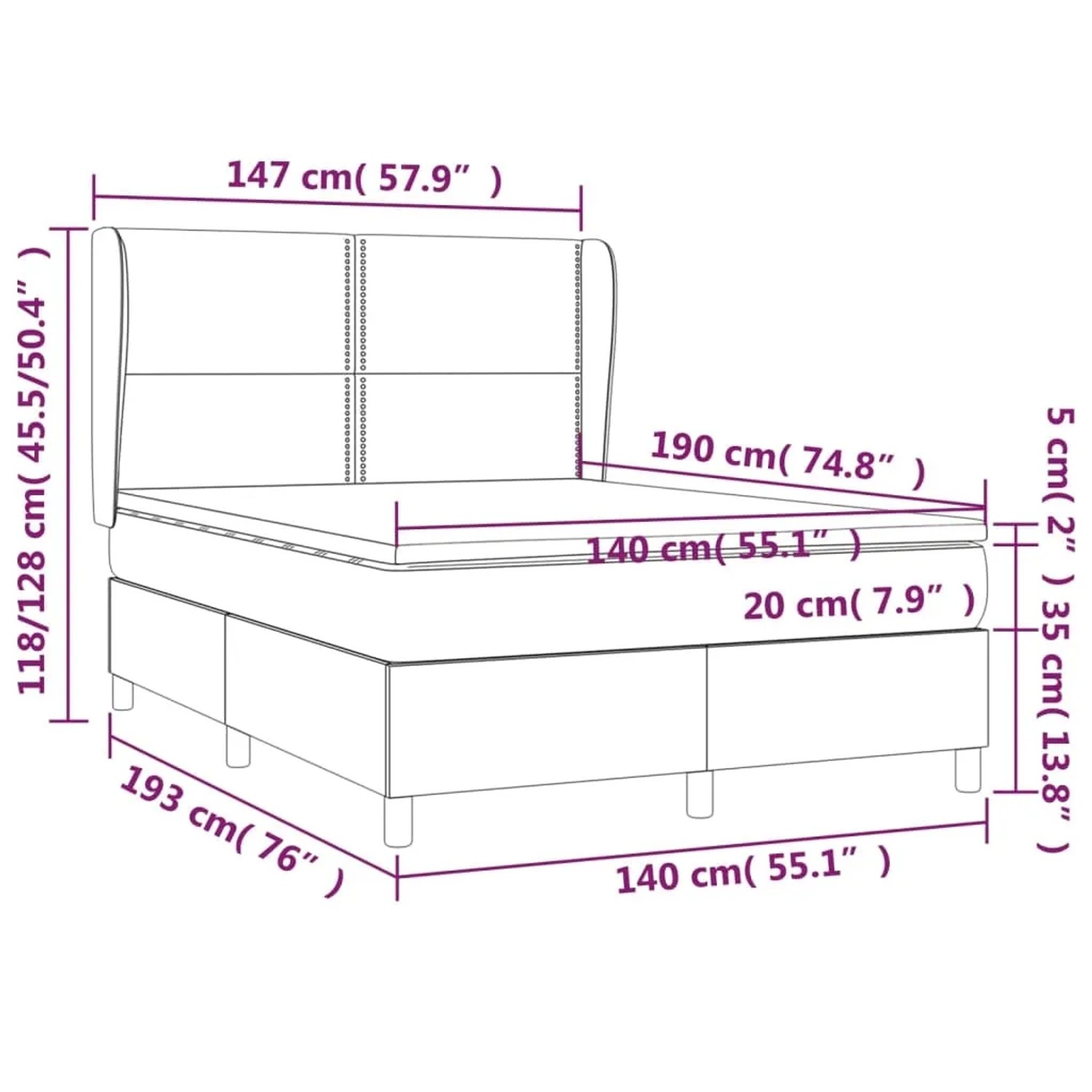 vidaXL Boxspringbett hellgrau, 140x190 cm, Stoffbett mit Matratze und Kopfteil.