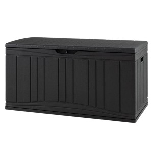 Schwarze Costway Gartenbox 300L mit abschließbarem Deckel und Gasdruckfedern für Ordnung im Garten.