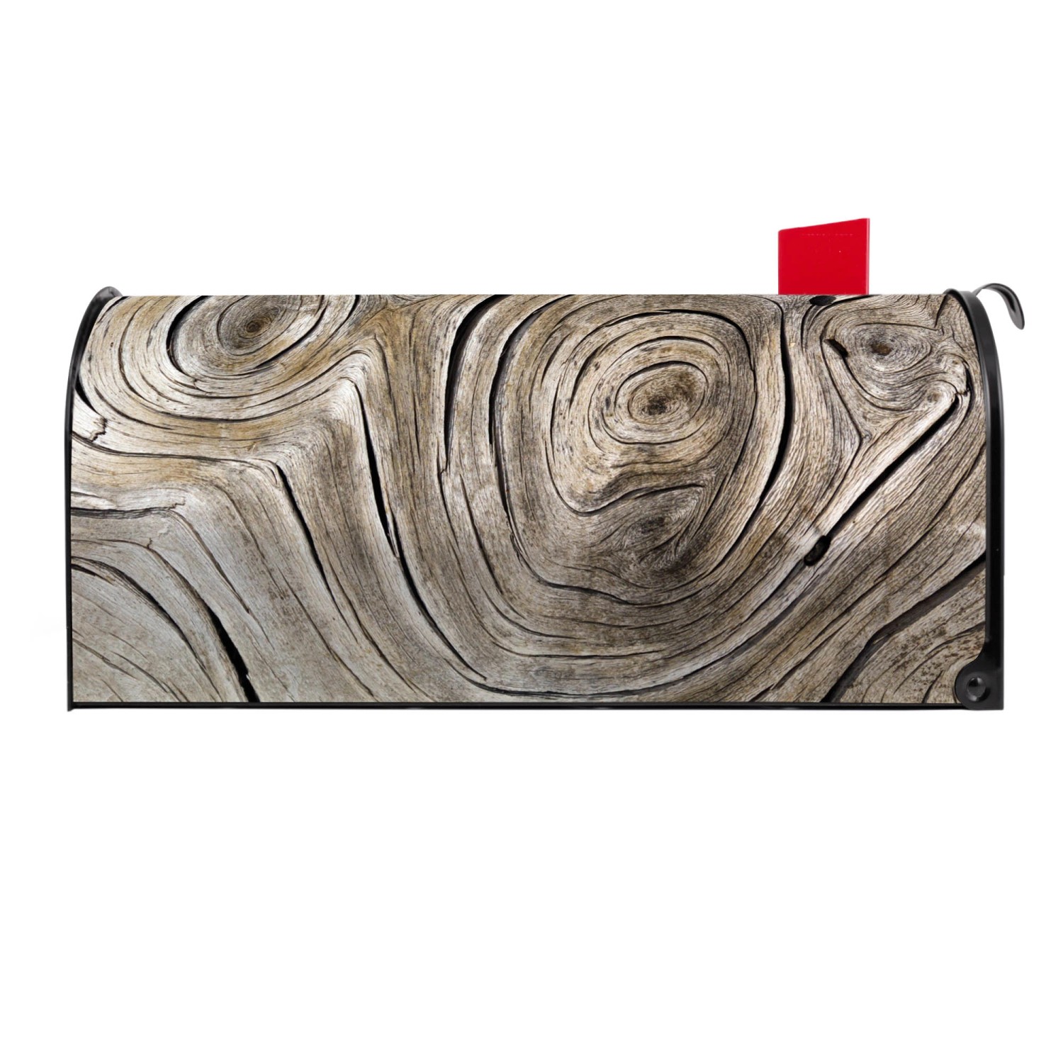 Schwarzer US Briefkasten mit Holzwirbel-Motiv. Amerikanischer Postkasten aus Stahl, pulverbeschichtet.