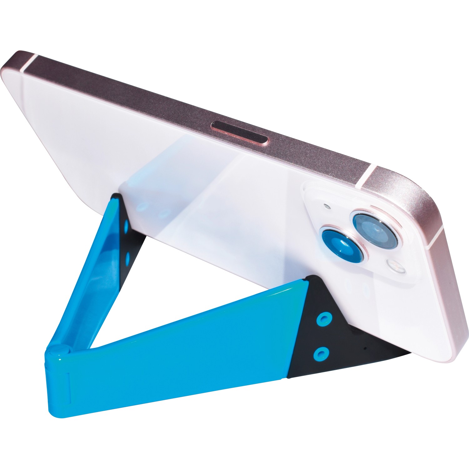 Smartphone Halter, 4-fach sortiert, blau, für Handys zum Aufstellen im Quer- und Hochformat.