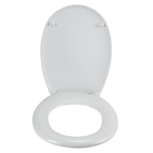 Weißer Wenko WC-Sitz Bergamo aus Duroplast mit Absenkautomatik, geöffnet.