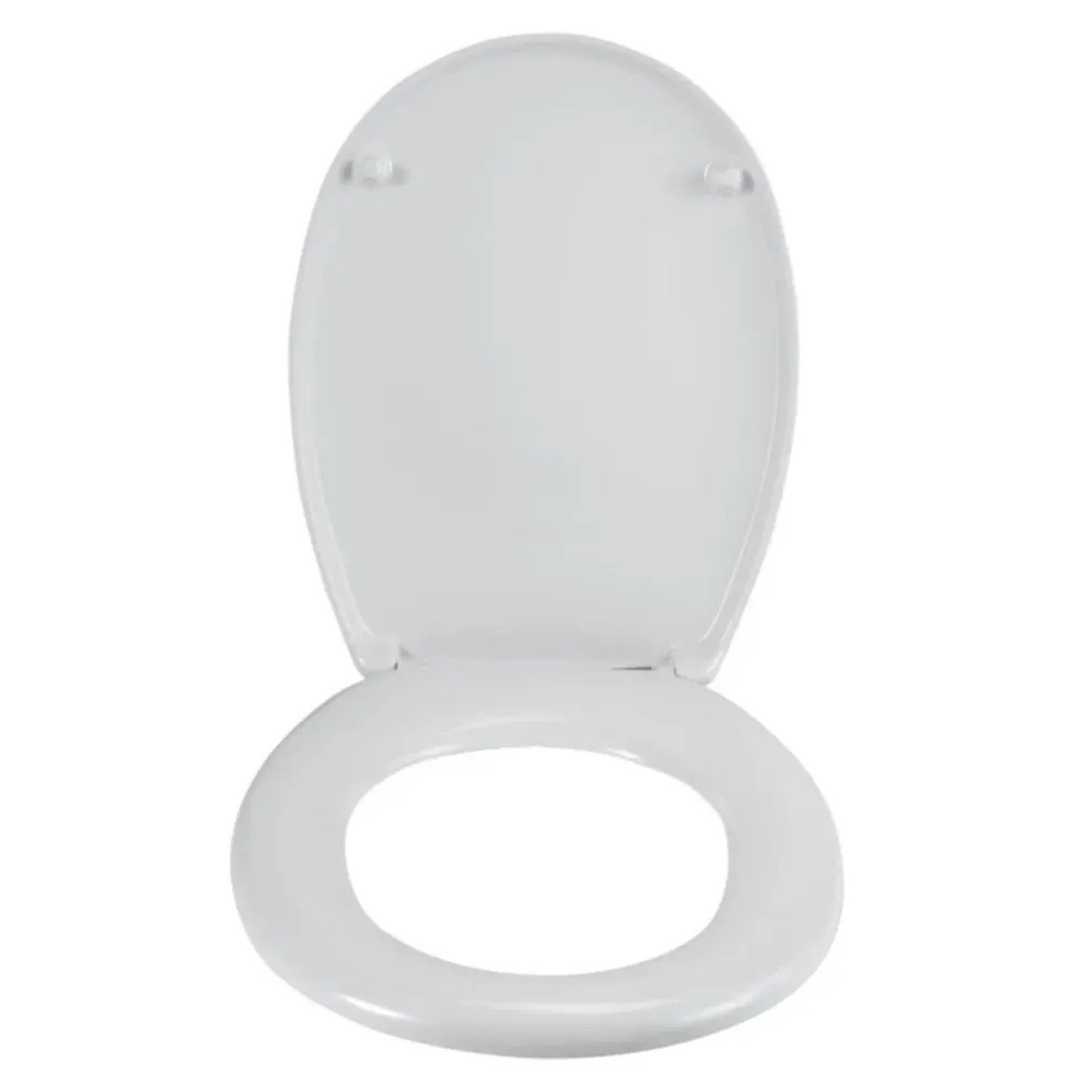 Weißer Wenko WC-Sitz Bergamo aus Duroplast mit Absenkautomatik, geöffnet.