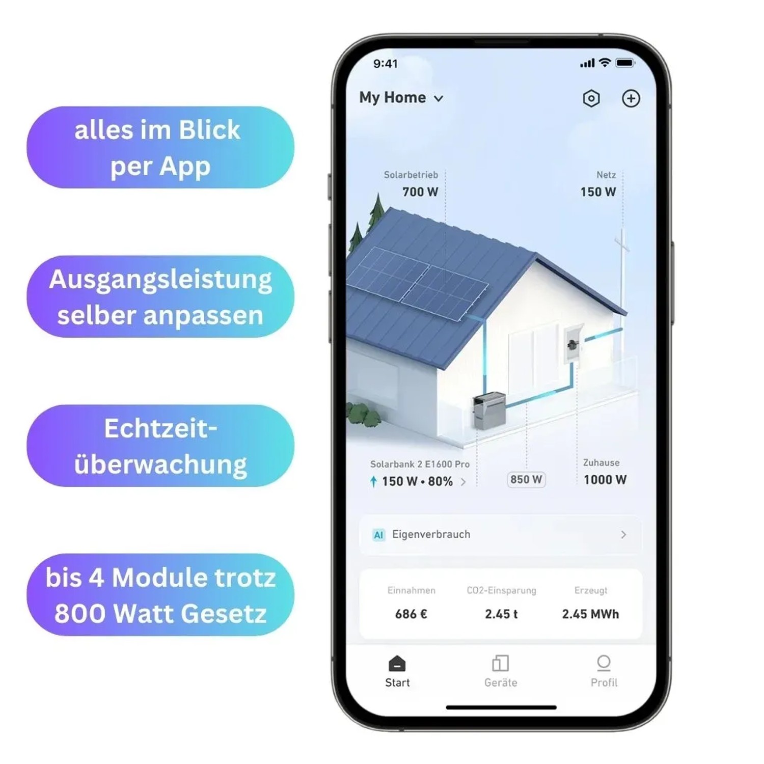 App-Ansicht des MyVoltaics Balkonkraftwerks mit Speicher, zeigt Energiefluss und Steuerung.