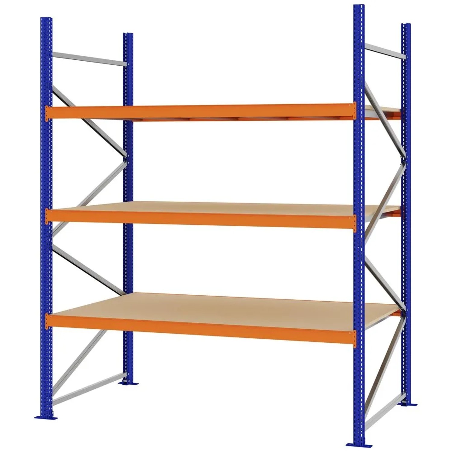 PROREGAL Weitspannregal Schraub-Stecksystem MAGNUS PRO Made In Germany Grundregal 250x200x100cm 3 Ebenen Spanplattenböden Fachlast 600kg Blau/Orange