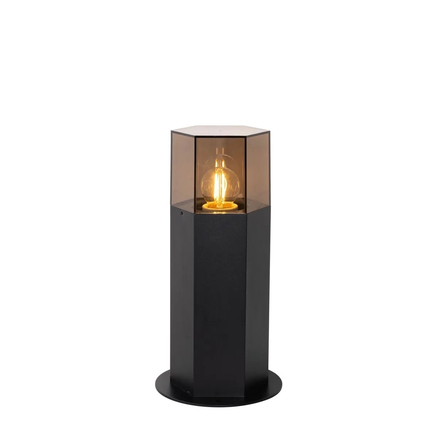 Schwarze QAZQA Außenleuchte Denmark mit Rauchglas, sechseckig, 30 cm hoch.