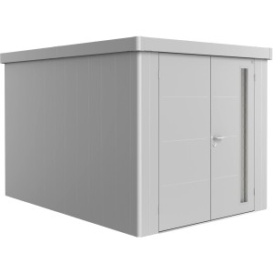 Biohort Gerätehaus Neo 4B mit Doppeltür, silber-metallic. Metall Gerätehaus mit Flachdach und Fenster.