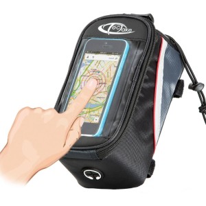 Tectake Fahrradtasche mit Touchscreen-Handyfach, schwarz, grau, rot. Textile Aufbewahrung.