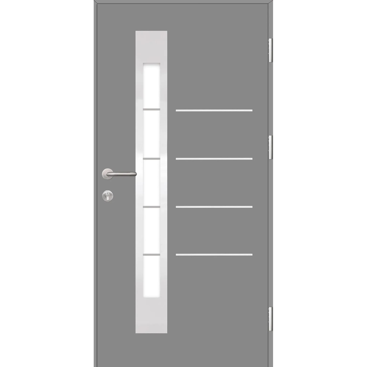 Graue Splendoor Sicherheits-Haustür Berlin Prime RC2 mit Glaseinsatz und Edelstahl-Applikationen.