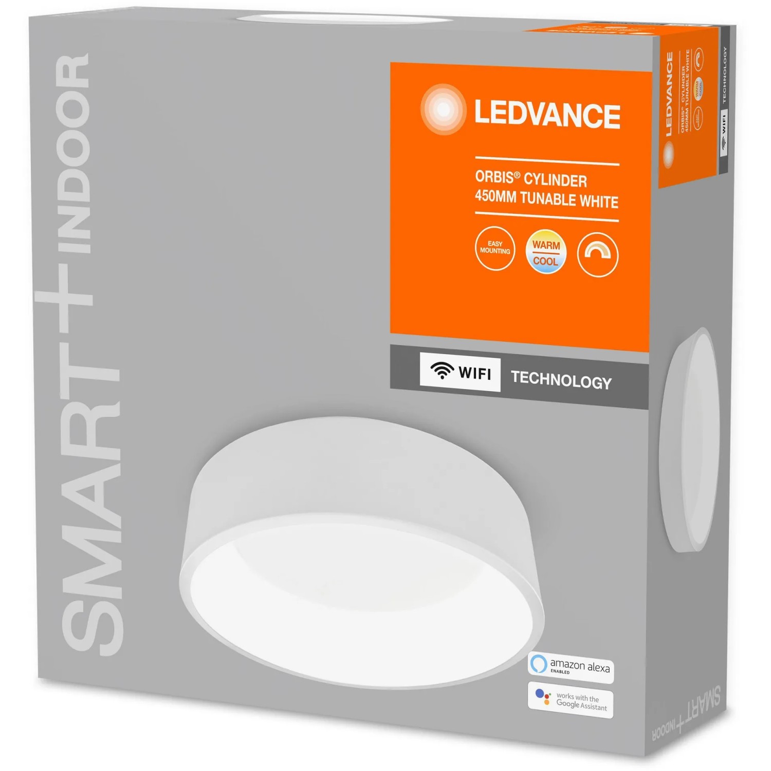 Verpackung der Ledvance Smart+ WiFi Deckenleuchte Orbis Cylinder, weiße LED Lampe mit tunable white Funktion.