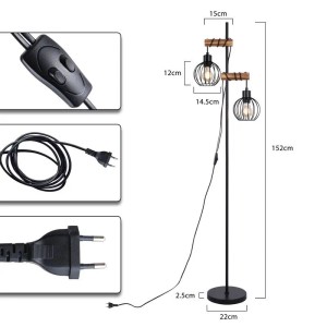 Schwarze Vintage Stehlampe aus Metall und Holz, 2-flammig, mit Käfigschirmen und Schalter, 152 cm hoch. Für Wohnzimmer.