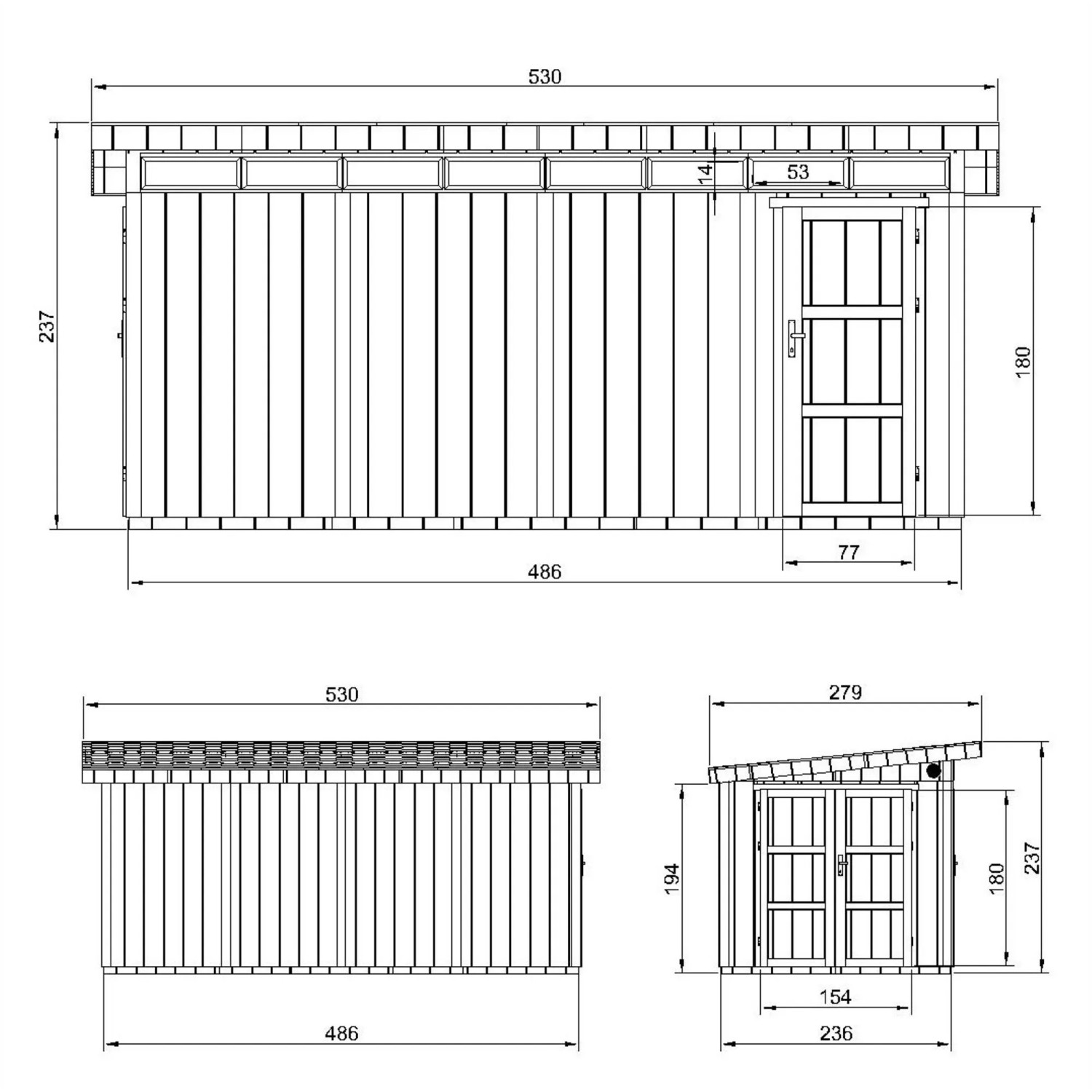 Technische Zeichnung: Timbela Holz-Gartenhaus M905C, Flachdach, Maße 530x279 cm.
