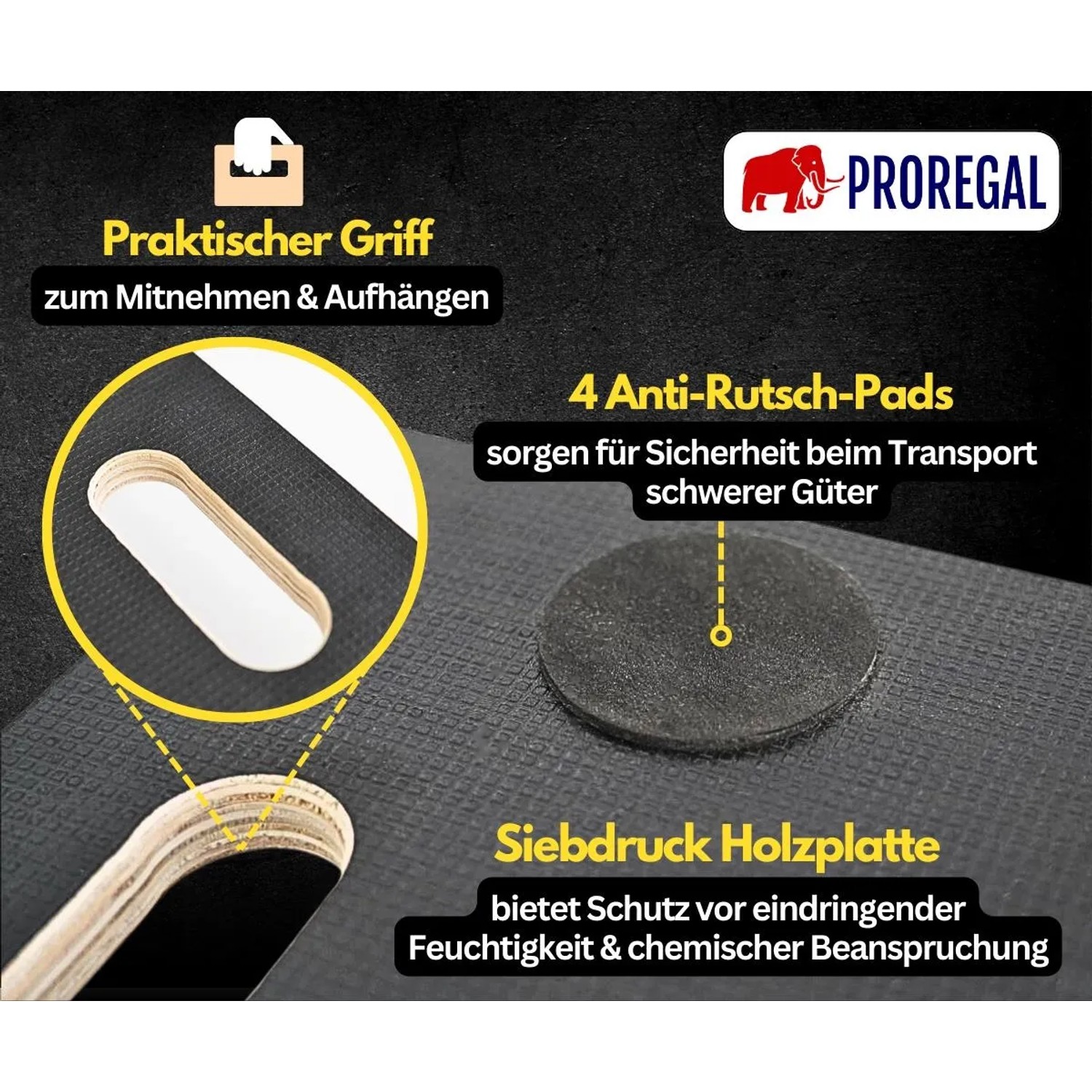 Detailaufnahme PROREGAL Transportroller: Griff, Anti-Rutsch Pads, Siebdruckplatte. Transporthilfe für Lasten bis 200kg.