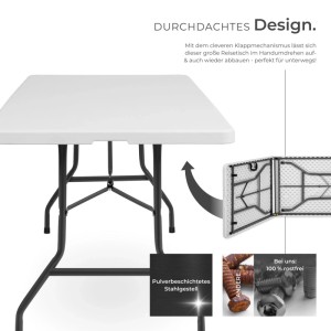 Weißer Tectake Campingtisch, klappbar, mit Stahlgestell und Trageschlaufe.