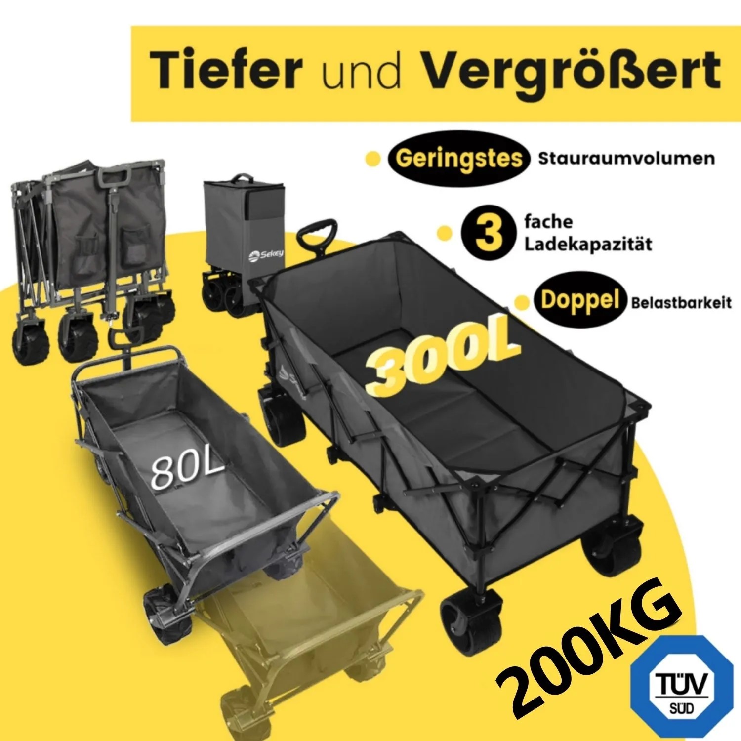 Sekey XXXL Bollerwagen, faltbar, 300L, anthrazit. Ideal für Camping & Freizeit.