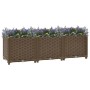 Braunes Furnicato Hochbeet (120x40x38 cm) aus Polypropylen, bepflanzt mit bunten Blumen.