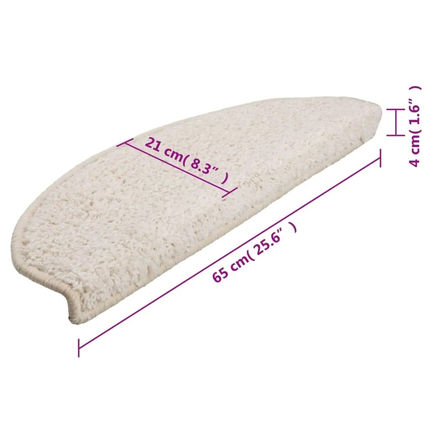Weiße, halbrunde Stufenmatte aus getuftetem PP, 65x21x4 cm. Rutschfest für Treppen.