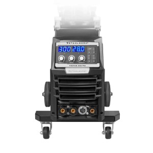 STAHLWERK MIG MAG 300 Pro Schweißgerät mit digitalem Display und Fahrwagen.