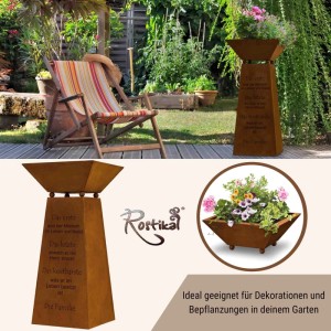 Rostikal Cortenstahl Säule Familie 57 cm mit bepflanzter Pflanzschale in Rostoptik, konisch zulaufend im Garten.