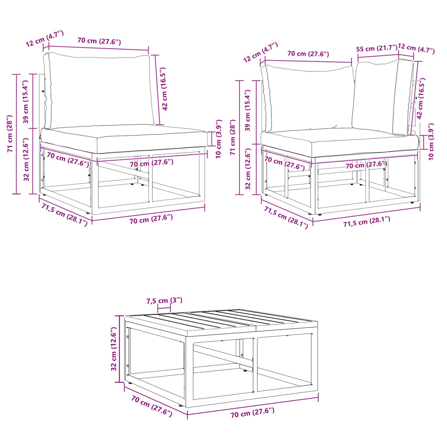 vidaXL Gartenmöbel-Set, 12-teilig, schwarz, Aluminium. Sofa, Sessel und Tisch mit Maßangaben.