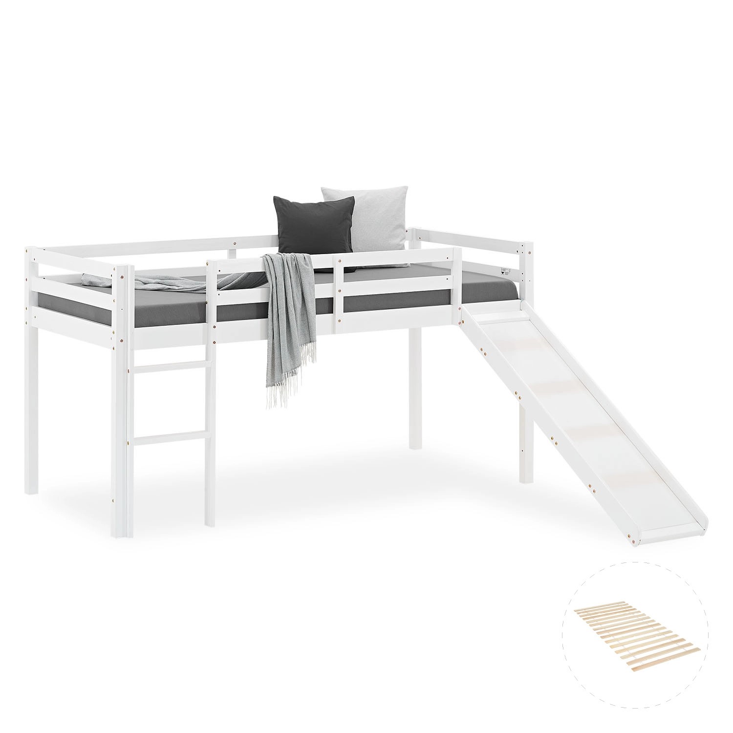 Homestyle4u Kinderbett 90x200 mit Lattenrost und Rutsche in Weiß 2254
