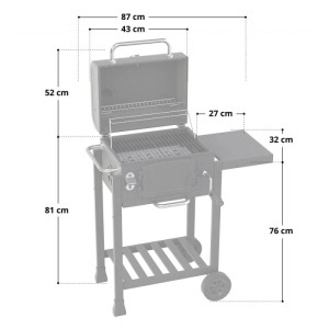 Taino Hero Holzkohlegrill Smoker, Grillwagen mit offenem Deckel, Seitentisch, Rollen; technische Zeichnung mit Maßen.