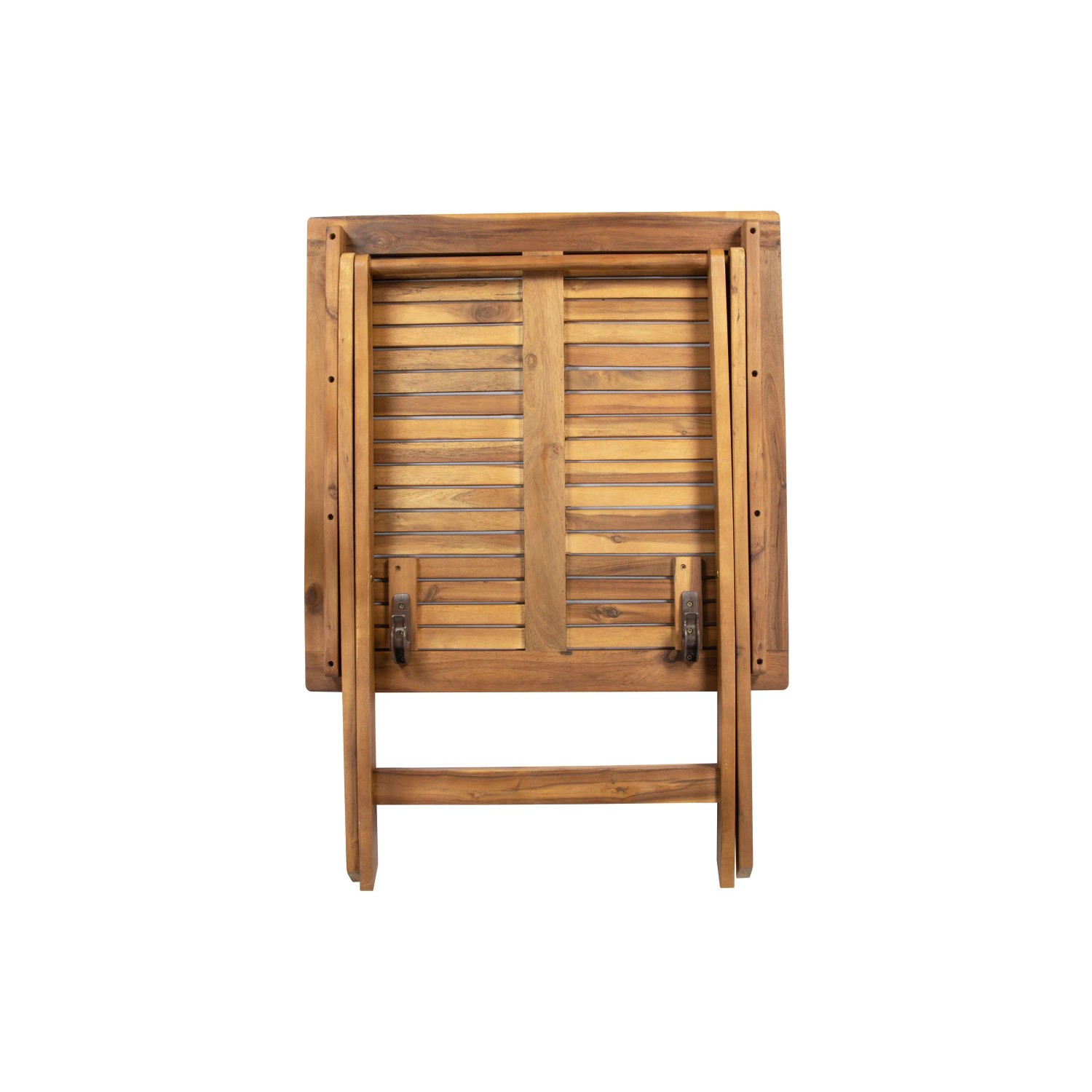 Geklappter quadratischer Balkontisch CAMERON aus Akazienholz mit Holzlatten. Platzsparendes Balkonmöbel.