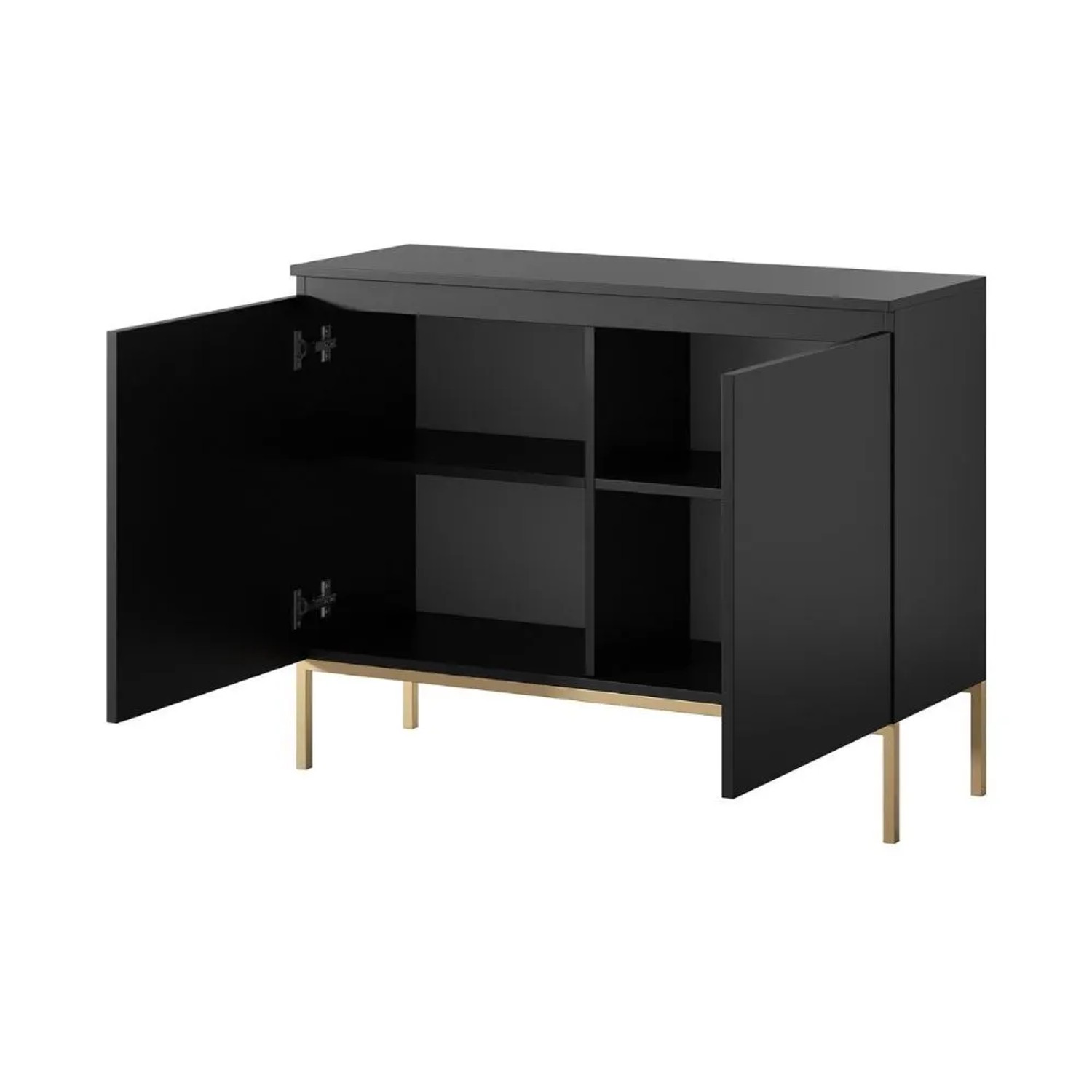 Schwarzes Selsey Sideboard Bemmi 100 cm mit offenen grifflosen Türen, 4 Fächern und goldenen Beinen.