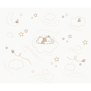 Beige Winnie Pooh Fototapete mit schlafendem Bär auf Wolke, Sterne und Mond.