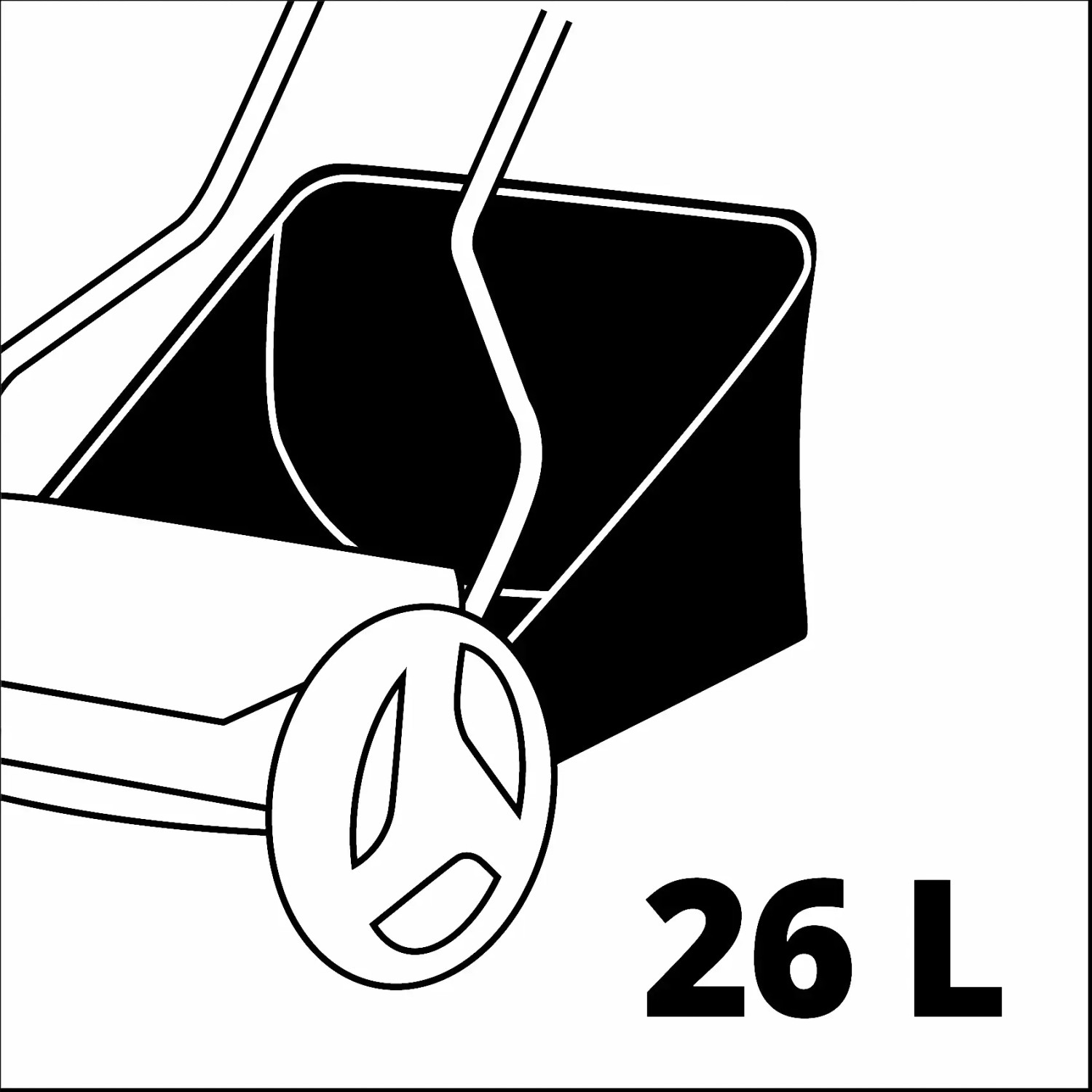 Einhell Handrasenmäher GE-HM 38 S-F: Detailaufnahme des 26L Grasfangkorbs und Rad.