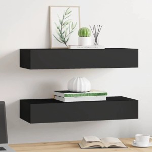 Zwei schwarze Wandregale mit Schubladen (60x23,5x10 cm) aus MDF.
