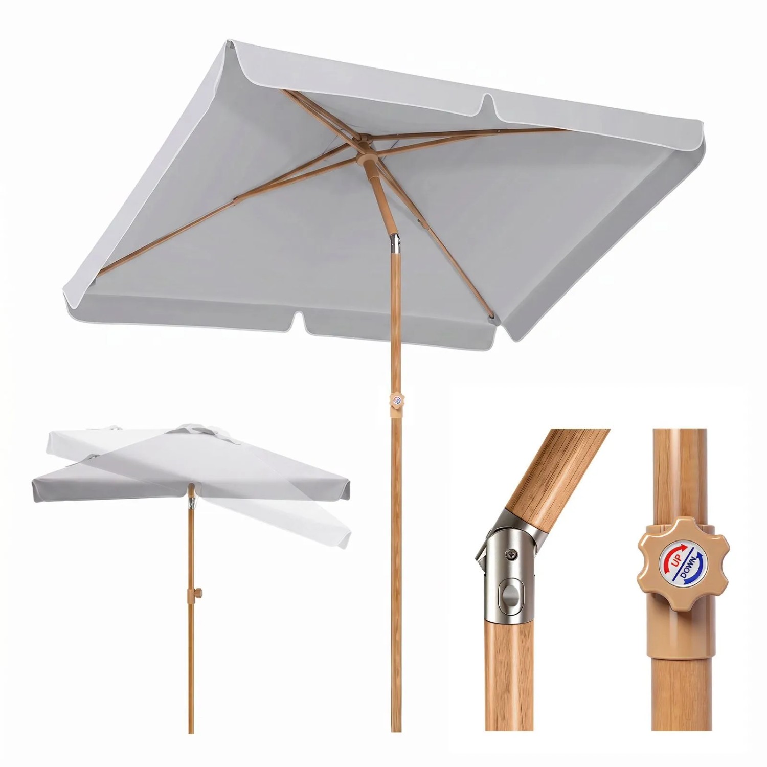 Sekey Rechteckiger Sonnenschirm 200 x 125 cm in Holzoptik mit UV50+ für Balkon und Terrasse