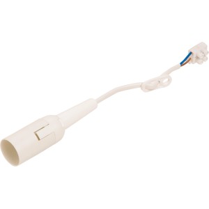 Weiße E14 Lampenfassung mit Kabel und transparentem Terminal für Lampeninstallation.