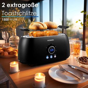 Steinborg Toaster SB-2212 XXL, 4 Scheiben, digitales Display, 1500 Watt, schwarz, mit Toast und Brötchen.