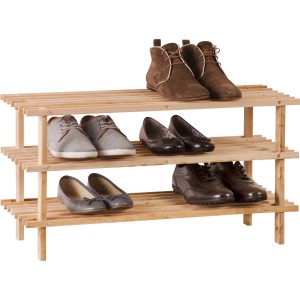 OBI Holzschuhregal HSR-9 mit 3 Etagen aus Kiefernholz, befüllt mit Schuhen.