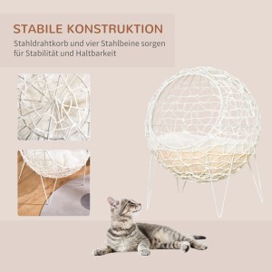 Pawhut Rattan Katzenkorb mit Kissen, erhöhtes Design. Weißer, runder Katzenkorb mit Katze davor.