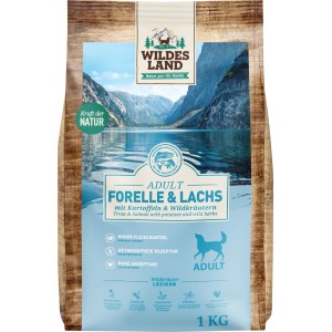 Wildes Land Hunde-Trockenfutter Forelle & Lachs, 1kg. Getreidefreies Futter mit Kartoffeln und Wildkräutern.