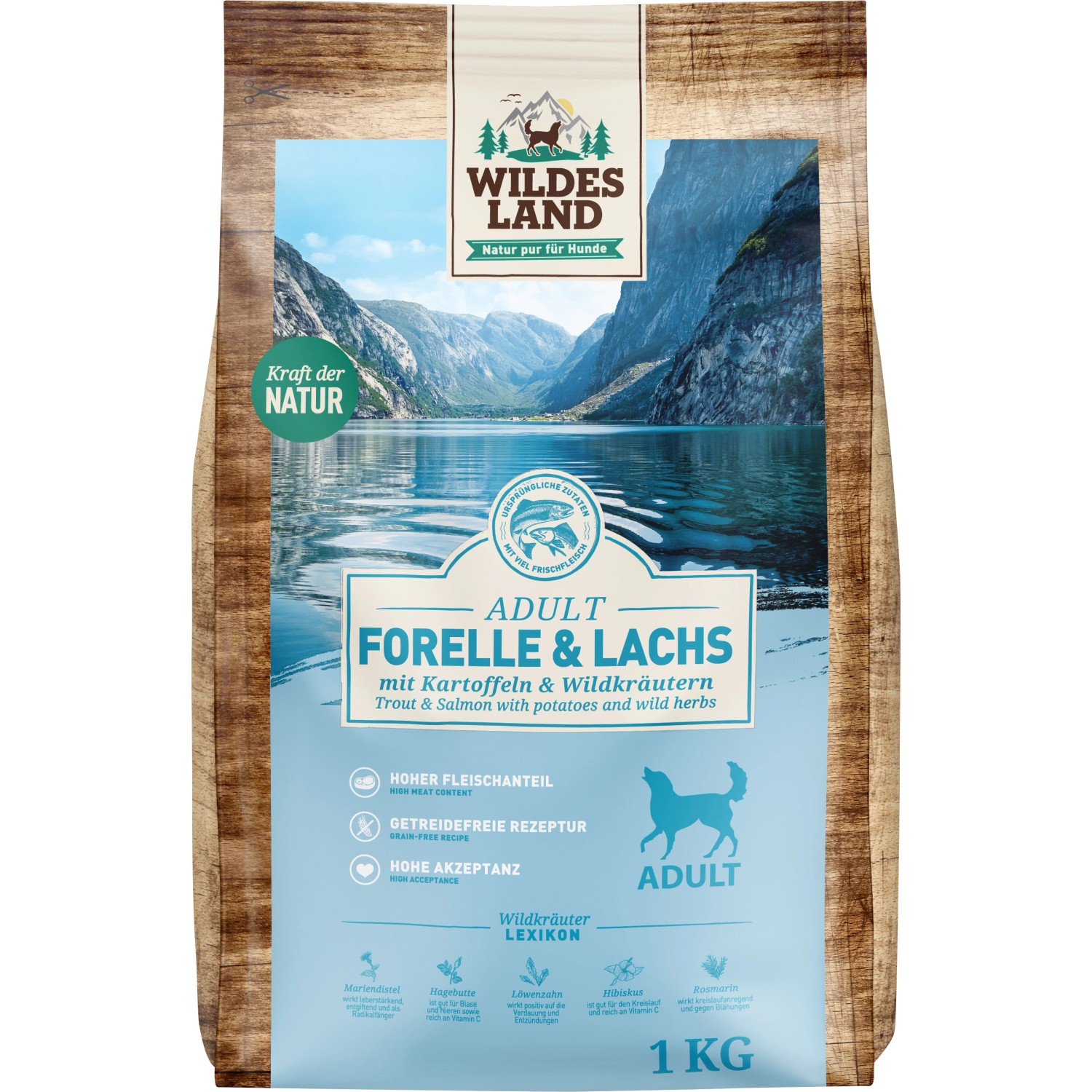 Wildes Land Hunde-Trockenfutter Forelle und Lachs mit Kartoffeln 1 kg