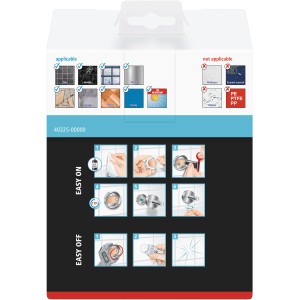 Verpackung des Tesa Fönhalters Smooz, Montageanleitung und Anwendungsbereiche.