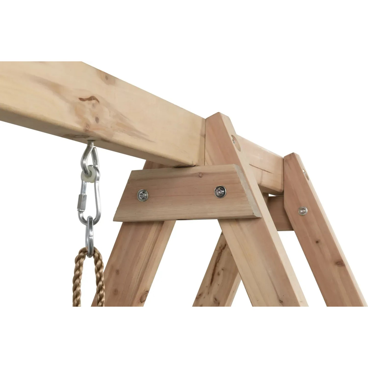 Detailansicht der Holzkonstruktion der Swing King Schaukel Ava mit Seilaufhängung.