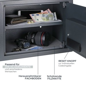 Offener HMF Möbeltresor Anthrazit mit herausnehmbarem Fachboden, gefüllt mit Wertsachen. Ideal für DIN A4 Dokumente.
