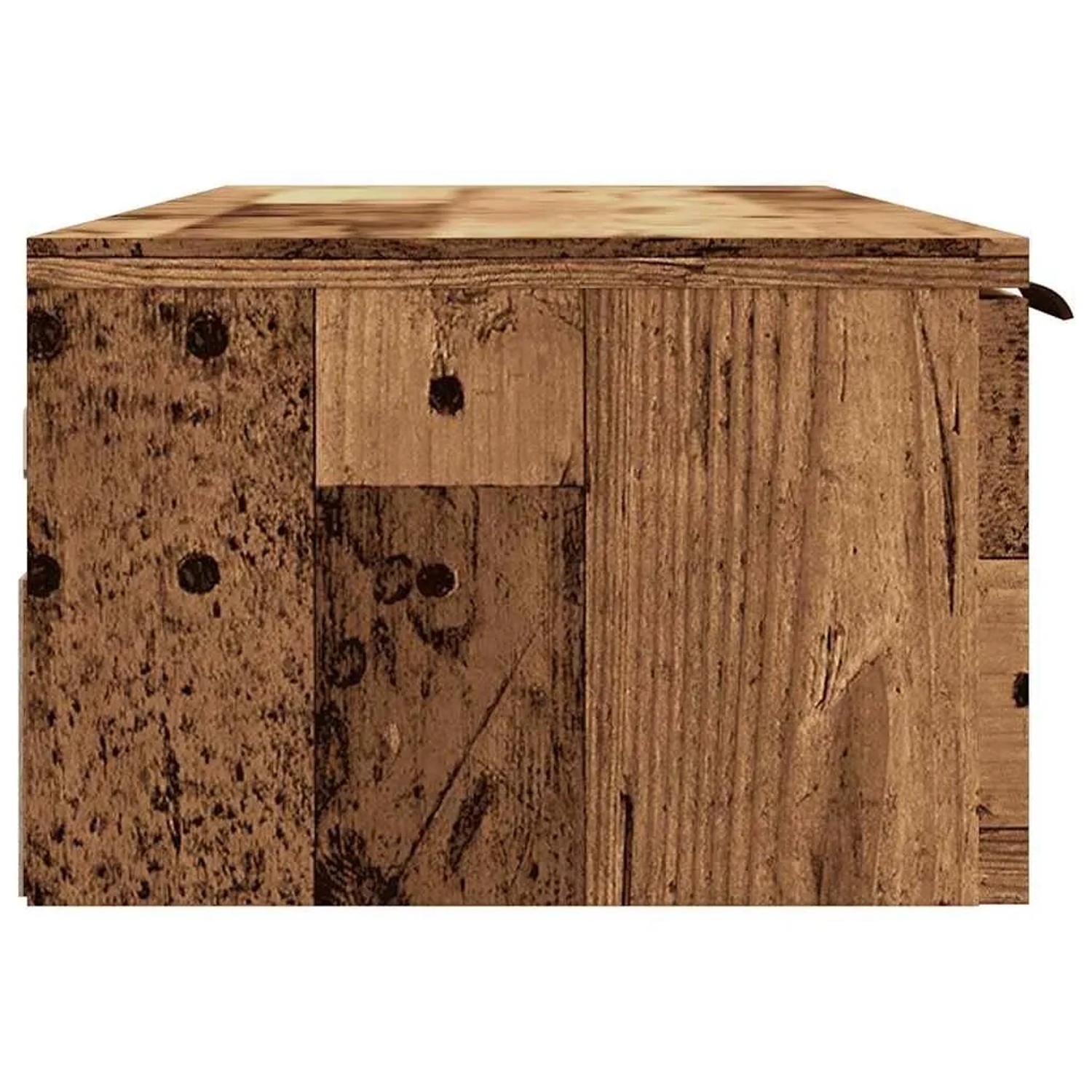 Detailansicht des vidaXL Wandschranks: Oberfläche in Altholz-Optik. Brauner Holzwerkstoff mit Maserung und dunklen Gebrauchsspuren.