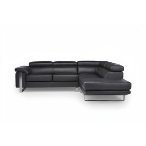 Schwarzes Leder Ecksofa Mystique, 253 cm, mit rechter Ecke und Metallfüßen. Modernes Wohnzimmer Sofa.
