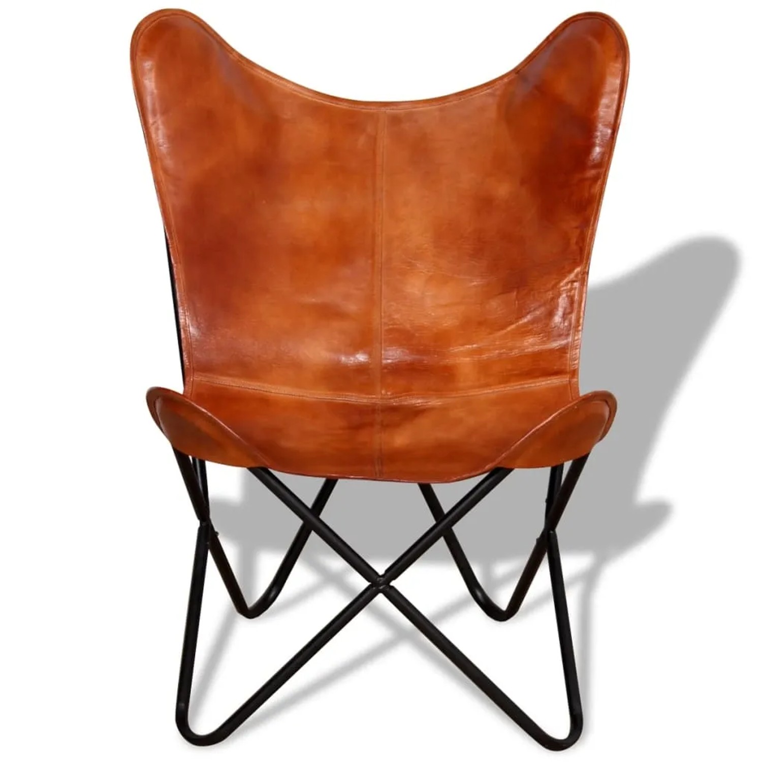 Brauner Butterfly-Sessel aus Echtleder mit schwarzem Metallgestell. Relaxsessel für Wohnzimmer.